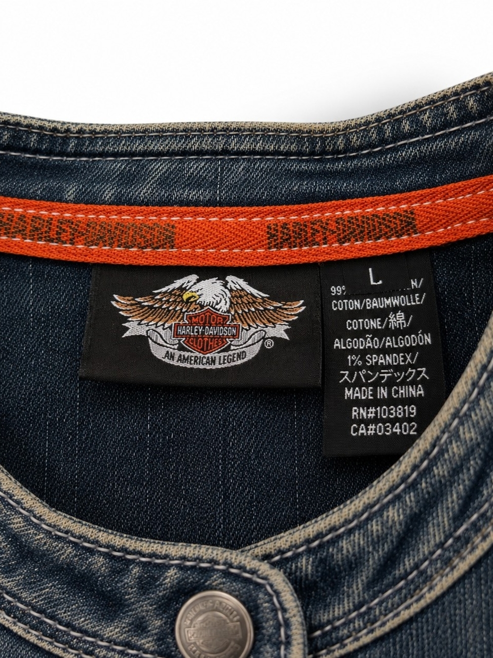 Harley-Davidson Women's Blue Denim Jacket with Orange Accents - Picture 3 of 4